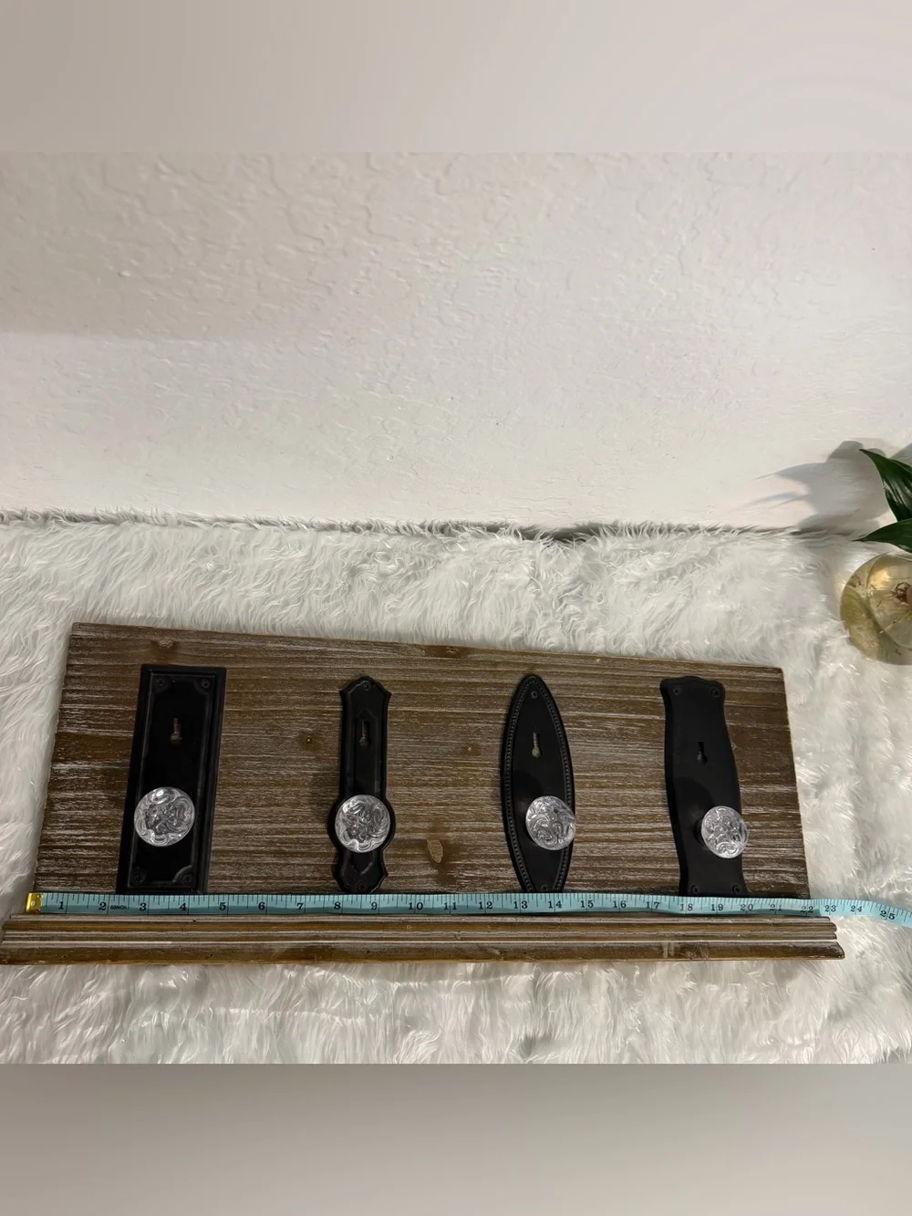 Rustic Wood Key Rack with Black Backplates and Glass Knobs